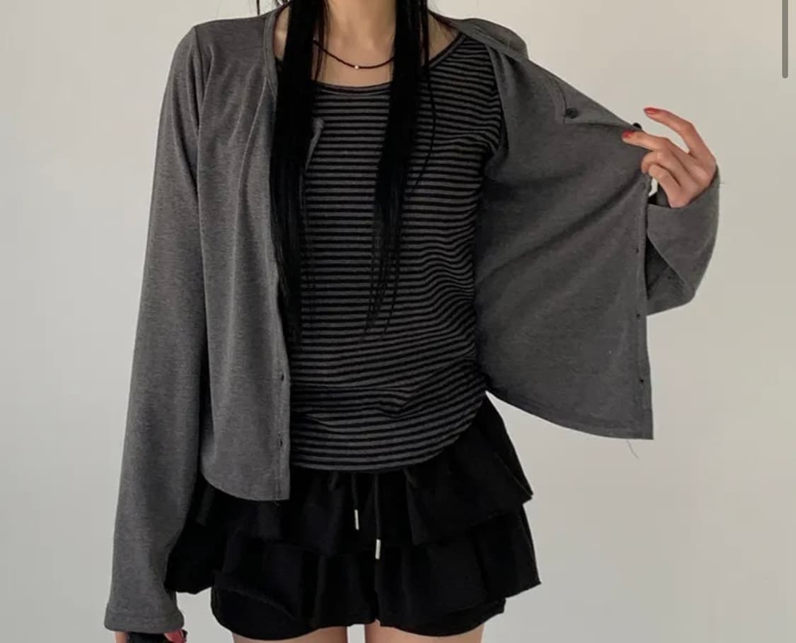 일체형 레이어드 가디건 - 긴팔티 단가라 라운드넥 차콜 상품이미지2