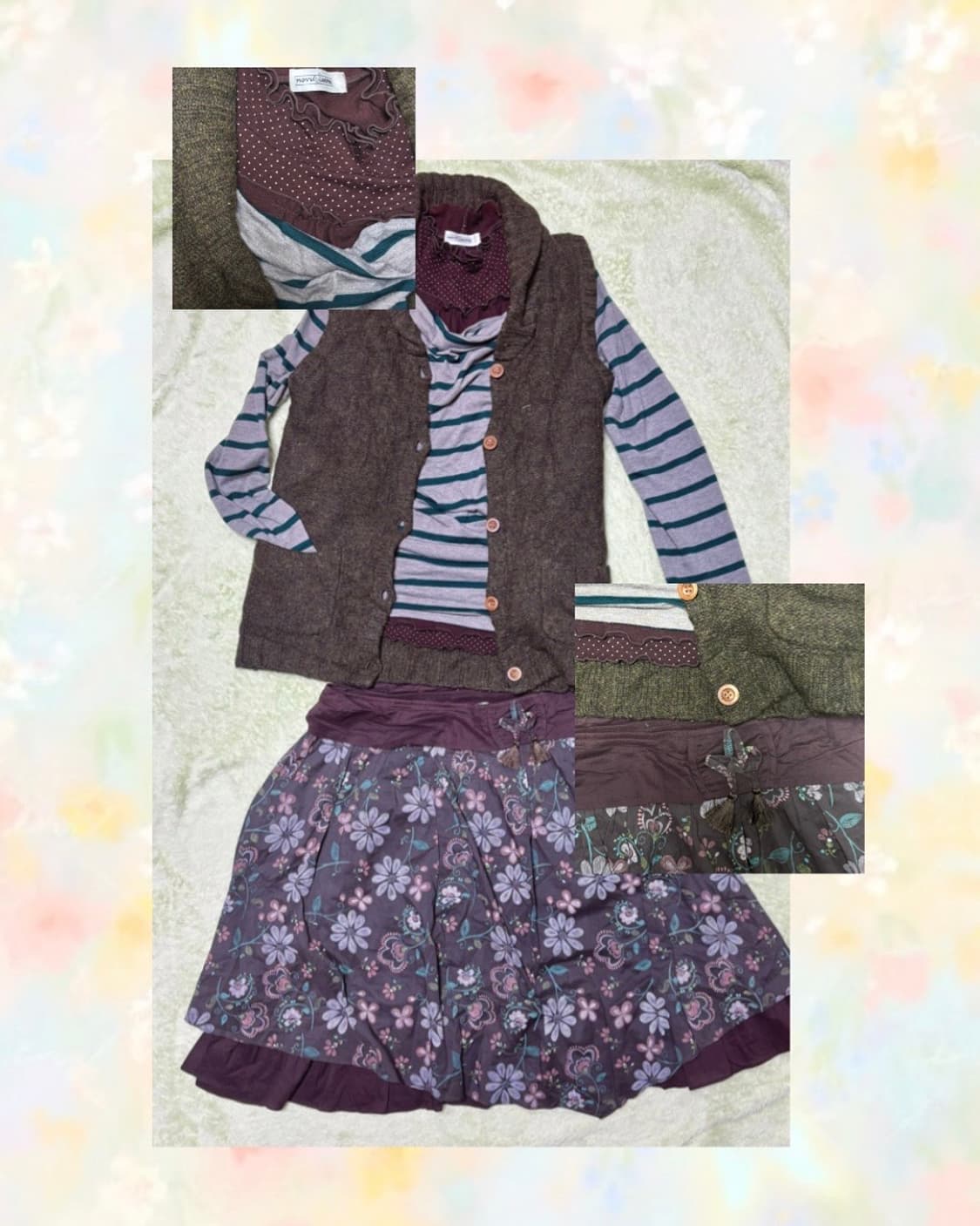 일본 빈티지 모리걸 패턴 플로럴 스커트 + 크로셰 가디건 + 뜨개모자 상품이미지4