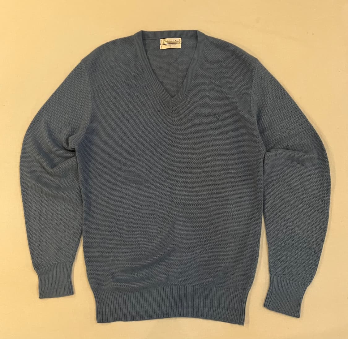 80s 크리스챤 디올 아카이브 자수로고 와플 브이넥 니트 블루 상품이미지1