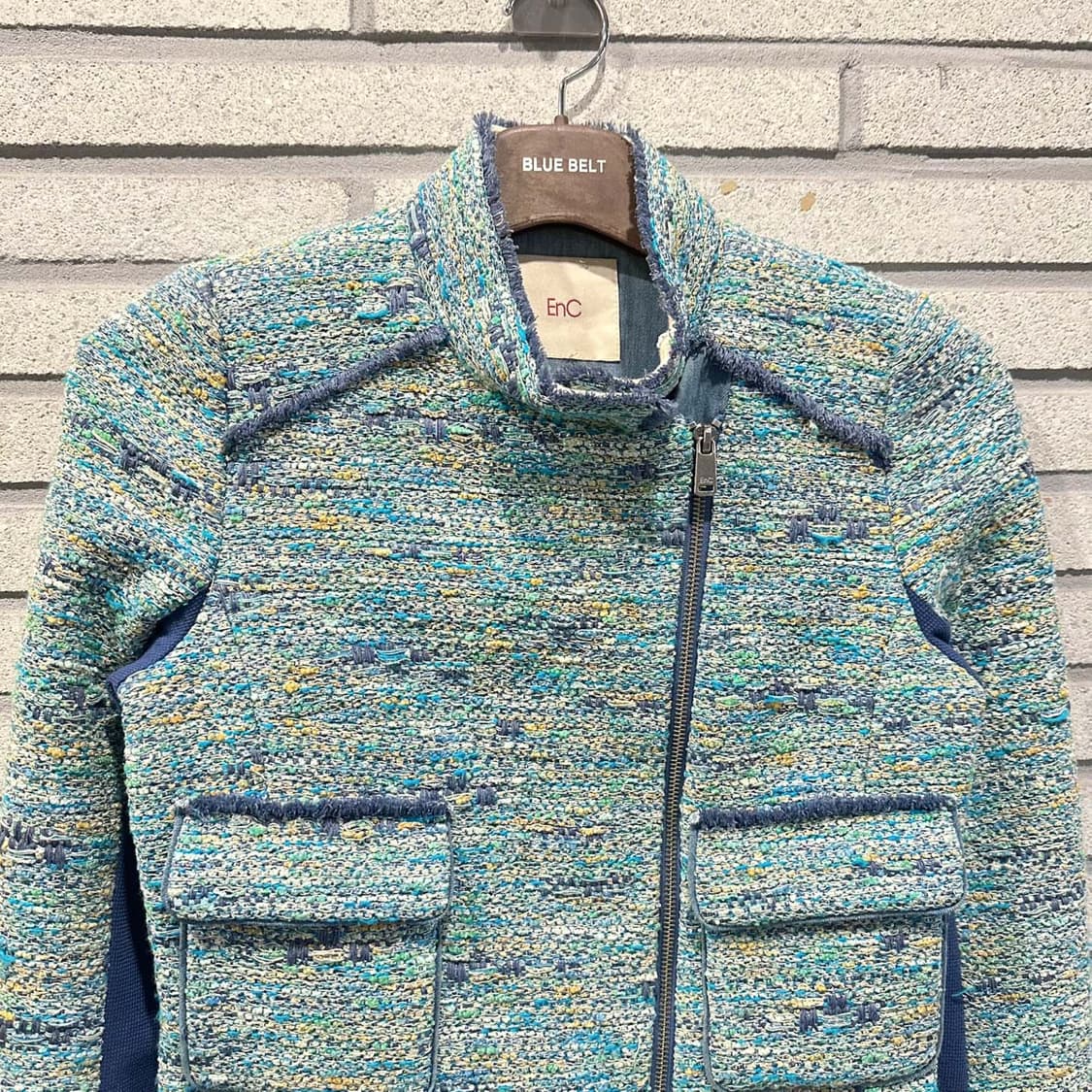 EnC 이앤씨 크롭 트위드자켓 사선집업 투포켓 프린지 디테일 민트 블루 상품이미지3