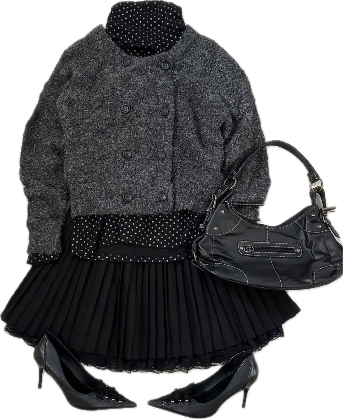 와이즈걸 코디셋 (더플 니트 + 도트 폴라티 + 플리츠 스커트) 상품이미지1