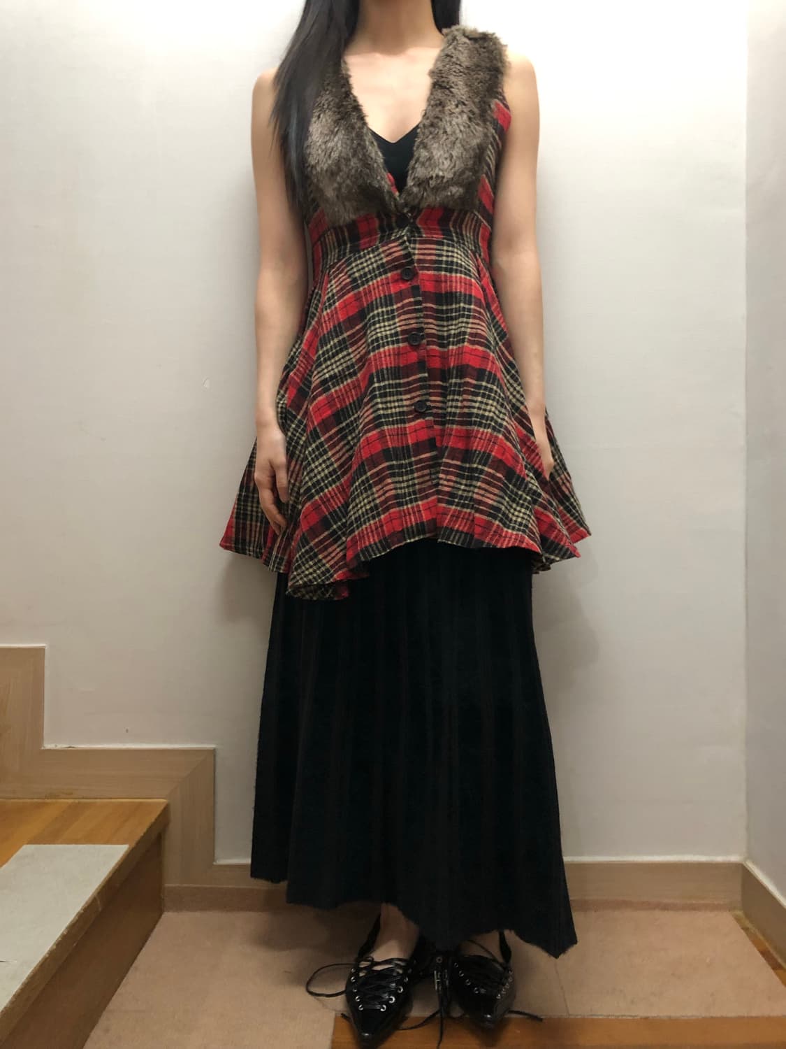 빈티지 레드 체크 퍼 원피스 상품이미지3