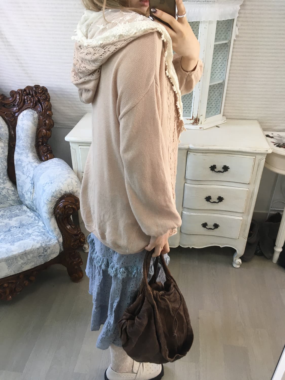 earth music pink beige lace cardigan 상품이미지4