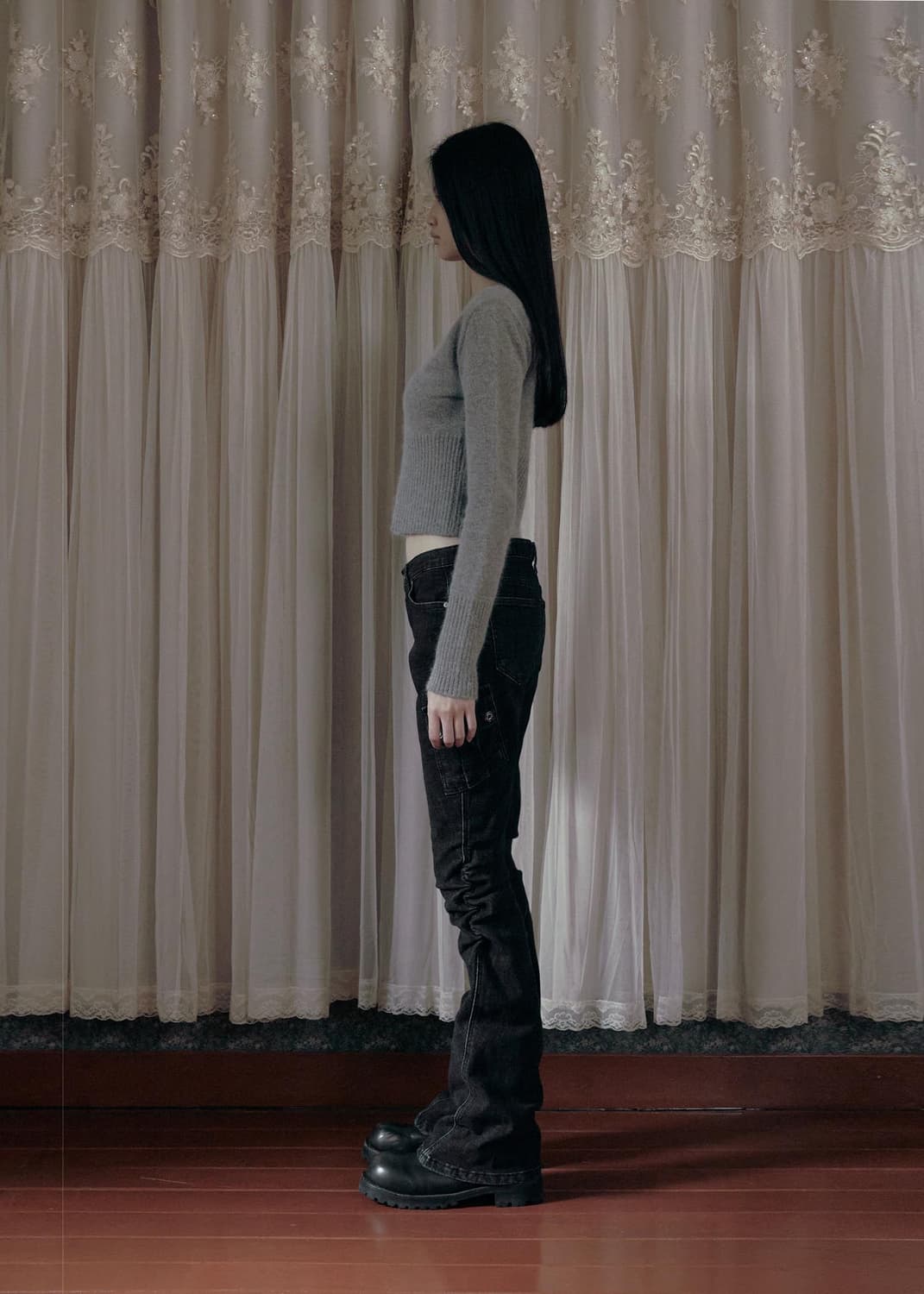 [새상품] 보헤미안서울 보헴서 스노우 워싱 레그 셔링 데님팬츠 스노우블랙 상품이미지2