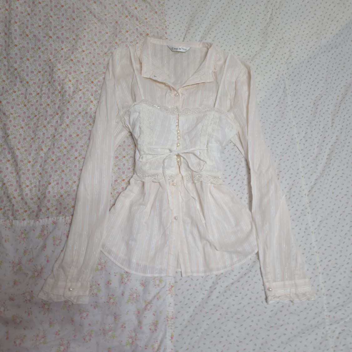 빈티지 핑크 실버 스트라이프 레이스 셔츠 슬립 세트 히메갸루 일브 상품이미지1