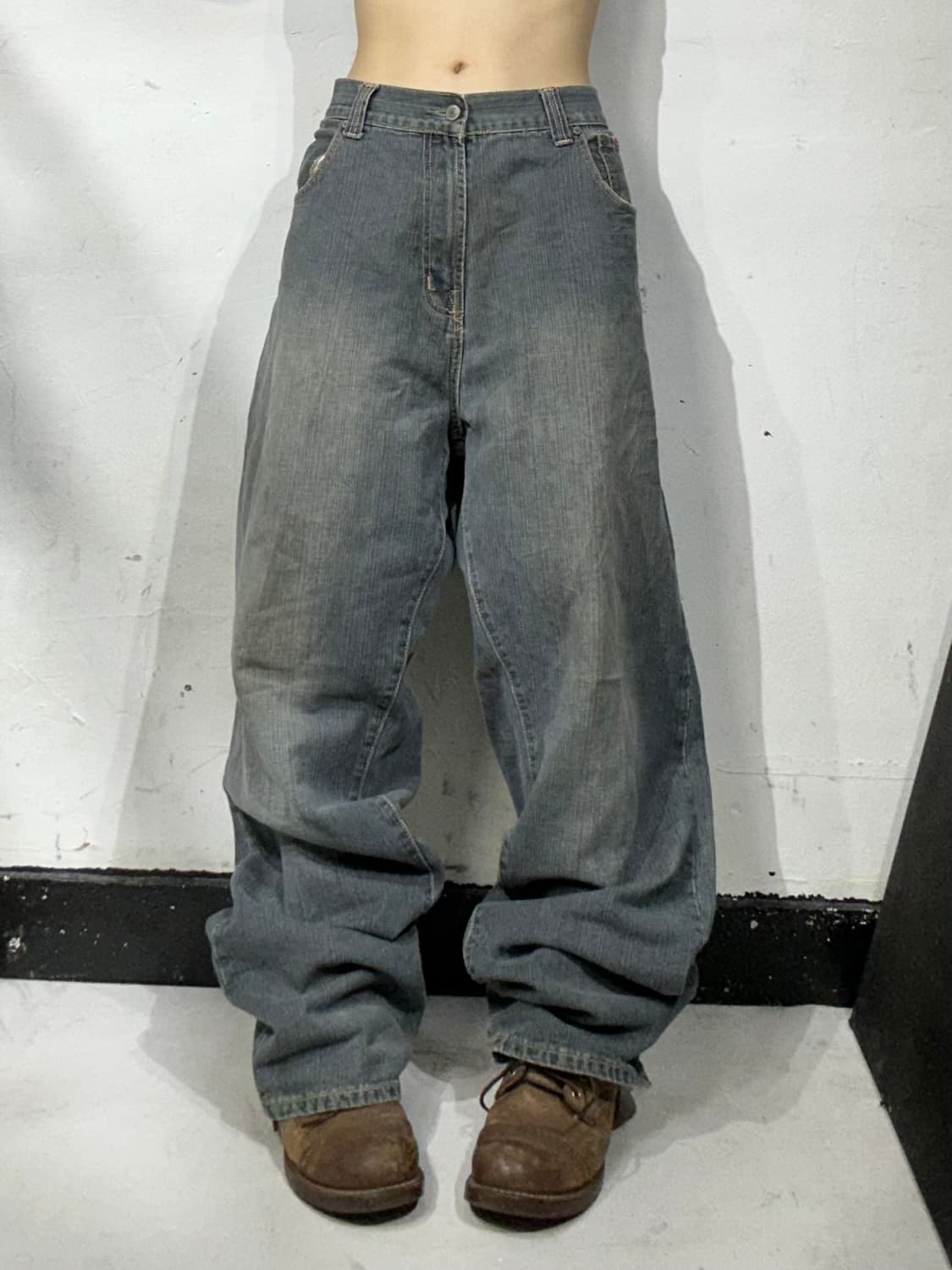 드렁큰 몽키 빈티지 힙합 와이드 그레이 데님 새깅 청바지 상품이미지2