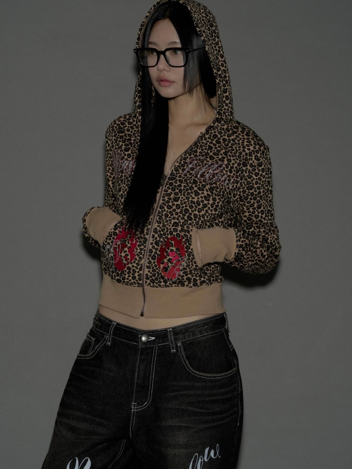 플리즈노팔로우 Leopard Crystal Hoodie Zip-Up  상품이미지1