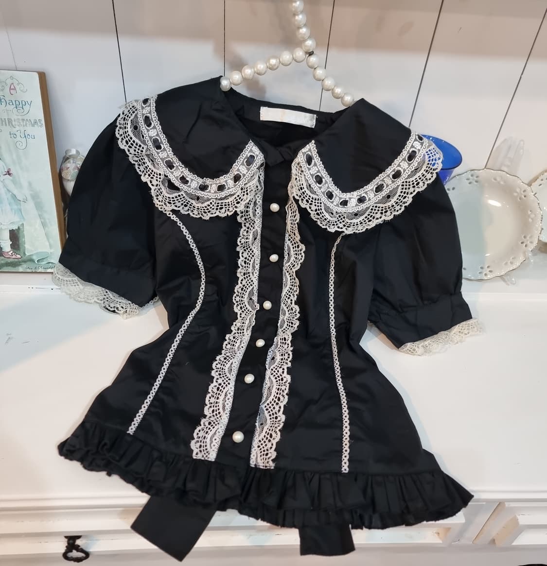 블랙 레이스 카라 블라우스 상품이미지1
