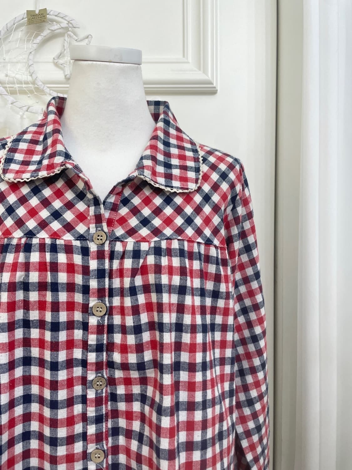 red navy check mori shirring loose shirt 상품이미지6