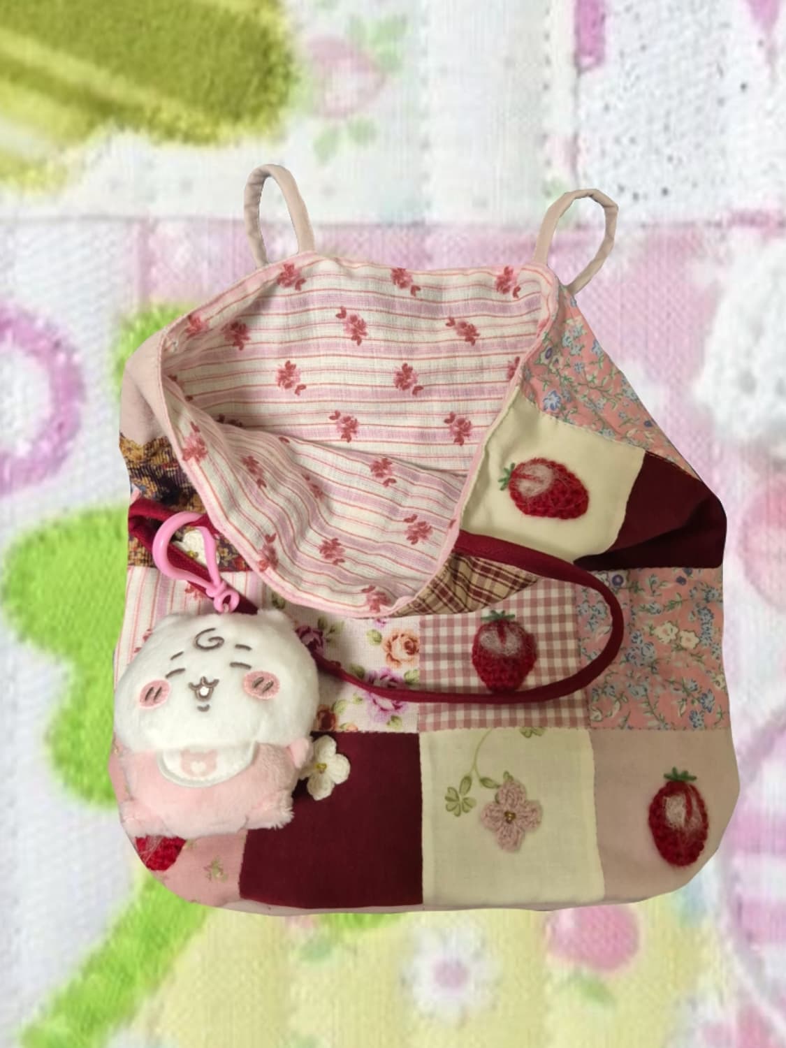 모리걸 일본 빈티지 뜨게 딸기 핑크하우스 에코백 숄더백 가방 상품이미지2