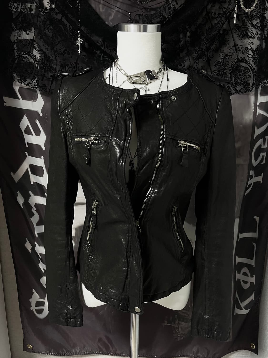 00s ITALY 램스킨 퀼팅 지퍼디테일 노카라 레더자켓 양가죽디올st 상품이미지4