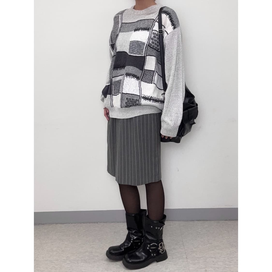 빈티지 차콜 스트라이프 미디 스커트 상품이미지3