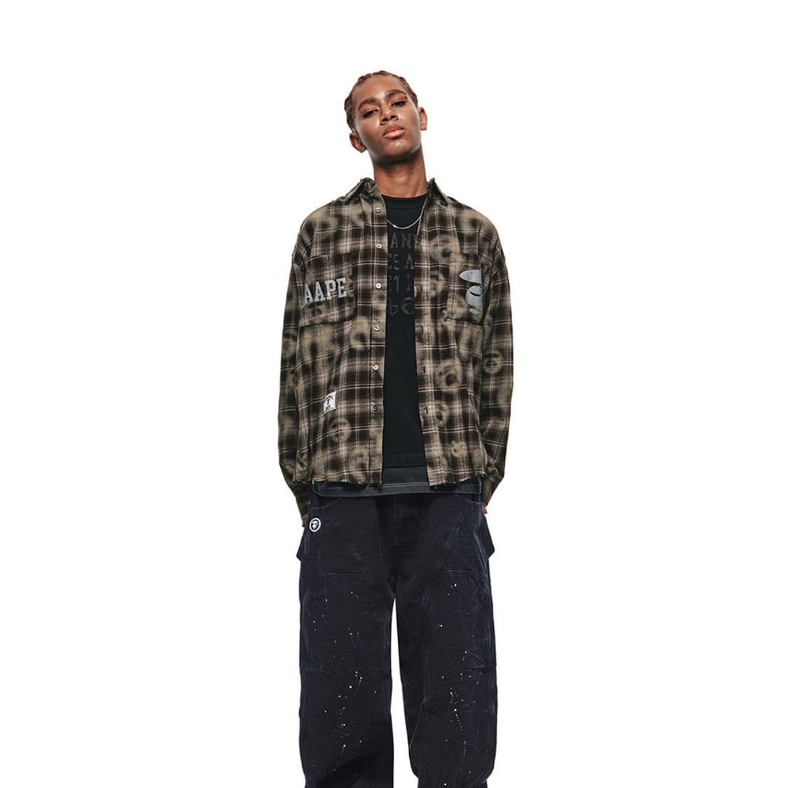 노매뉴얼 x 에이프 스프레이 심볼 체크 셔츠 브라운 상품이미지3
