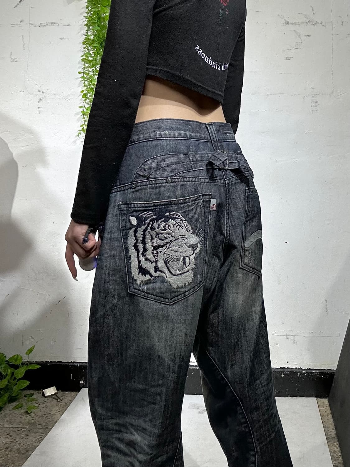 에비수 진청 호랑이 자수 와이드 워싱 데님 힙합 새깅 팬츠 청바지  상품이미지4