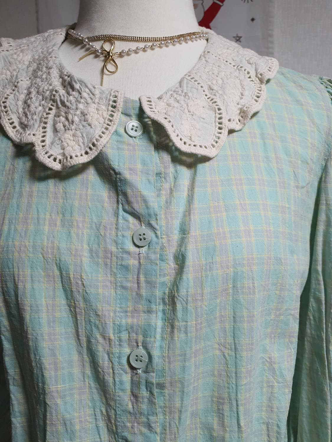 [빈티지] 레이스 카라 블라우스 민트 체크 상품이미지3