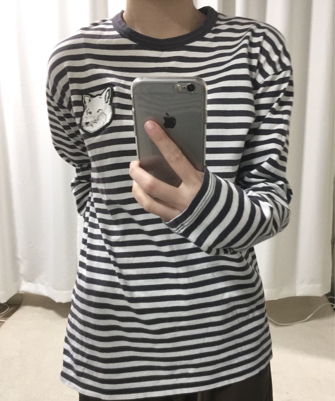 메종키츠네 폭스 헤드 패치 스트라이프 단가라 롱 슬리브리스 긴팔 티 상품이미지1