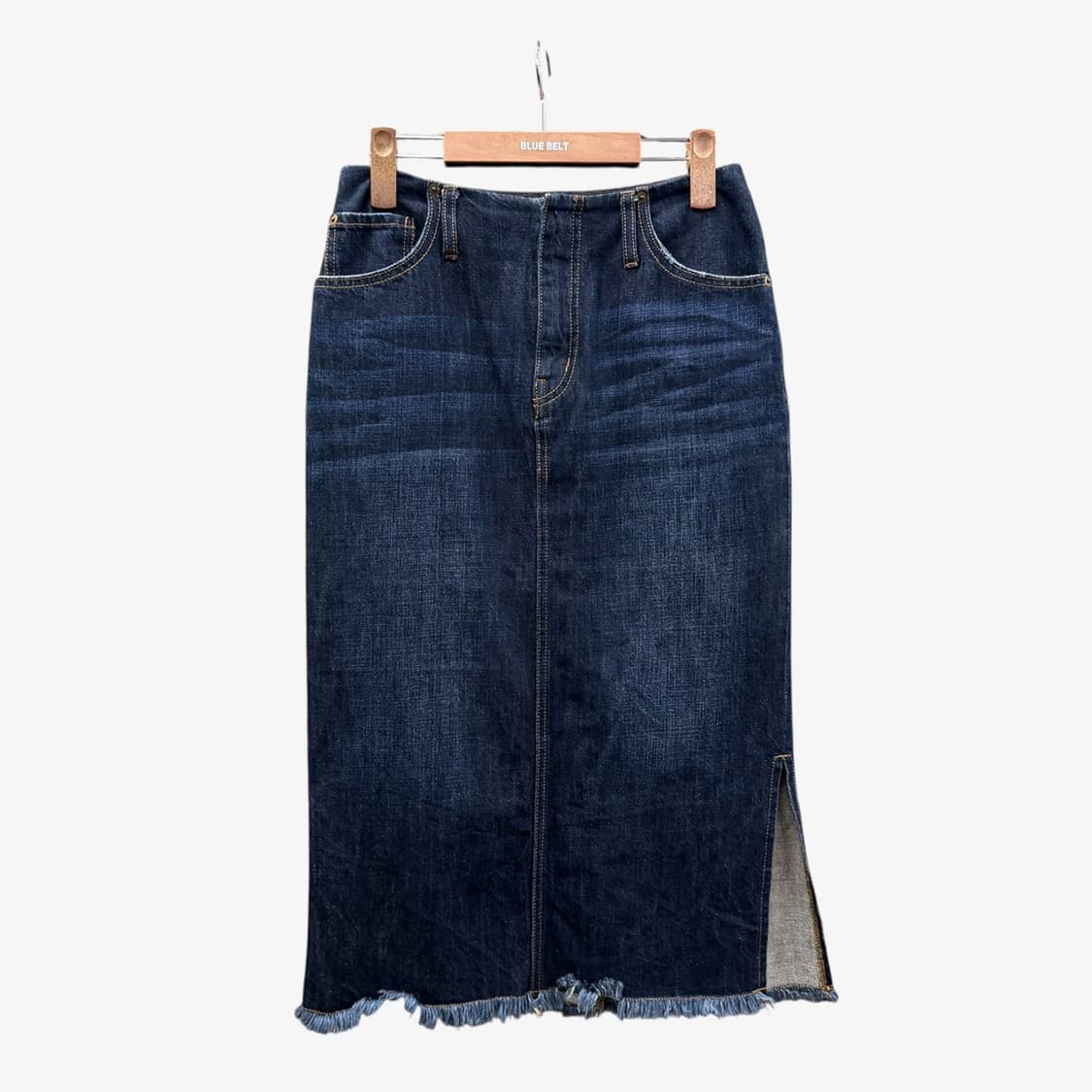 JPN VINTAGE 데님 롱 스커트 밑단 컷팅 옆트임 워싱 디테일 진청 상품이미지1