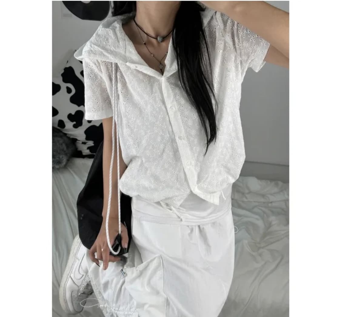 키미스 후드 펀칭 레이스 플라워 아일렛 빈티지 셔츠 가디건 화이트 상품이미지1