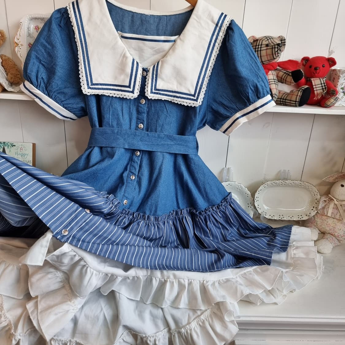 데님 세일러 원피스 청색 스트라이프 프릴 상품이미지5