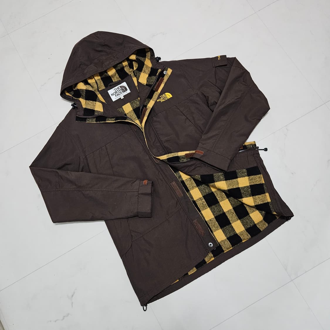 XL 105) 노스페이스 브라운 체크 후드 자켓 바람막이 상품이미지1