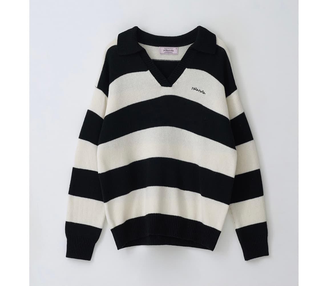 로라로라 울 블렌디드 카라 스트라이프 보더 니트_블랙 아이보리 상품이미지3