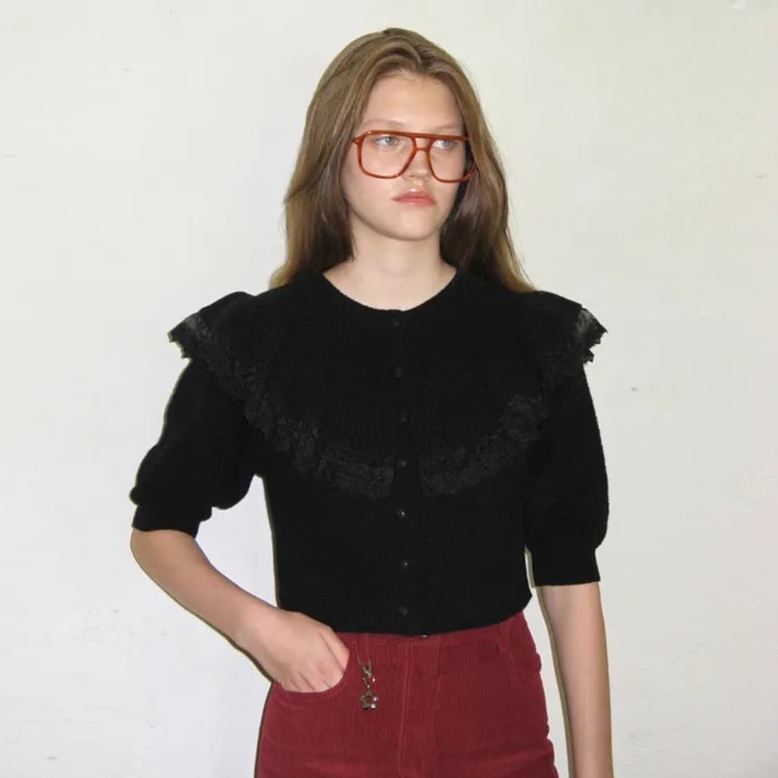 시눈 러플 퍼프 가디건 블랙 상품이미지2