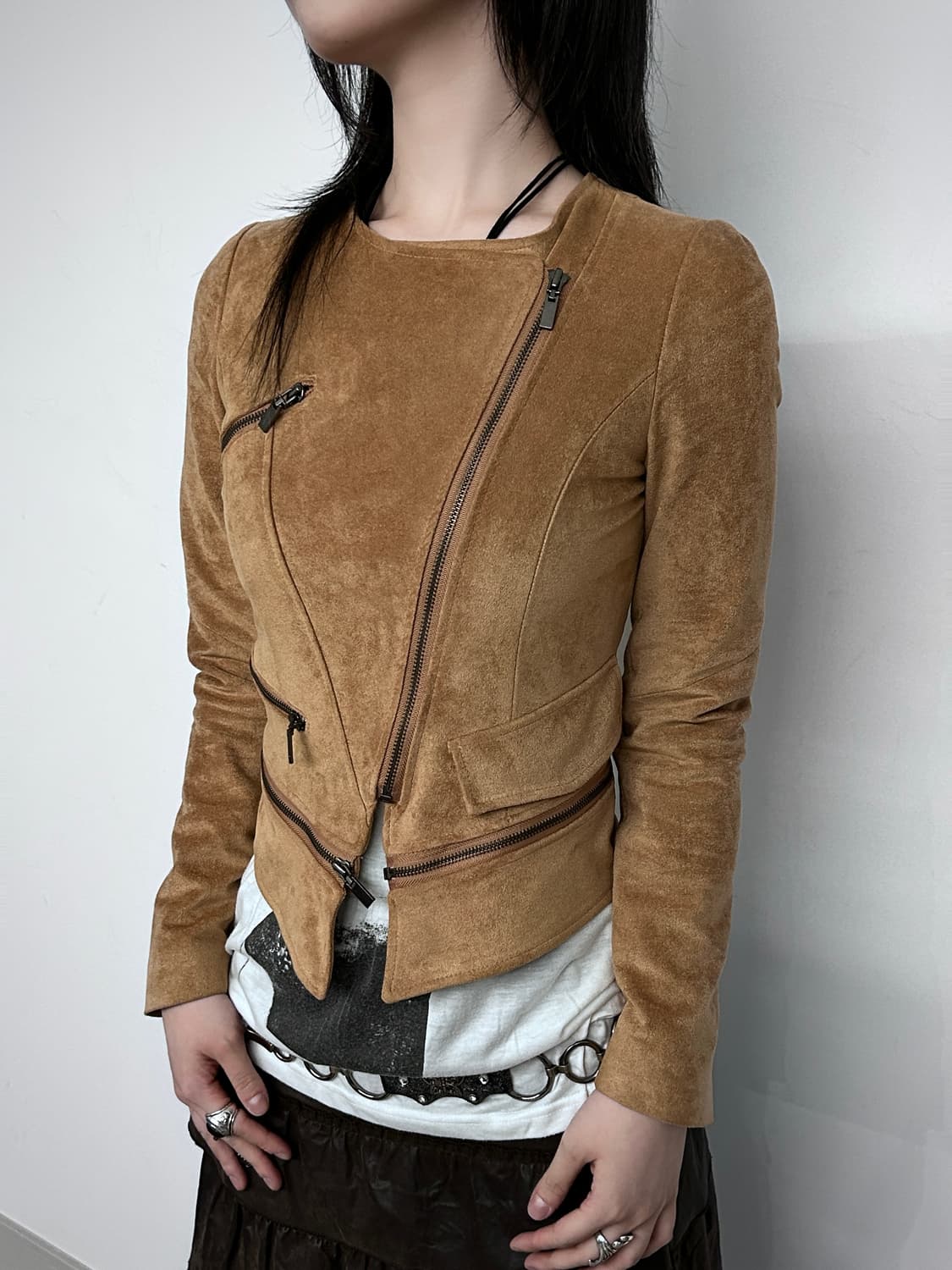 Suede Texture Asymmetric Zip-Up Jacket 상품이미지1