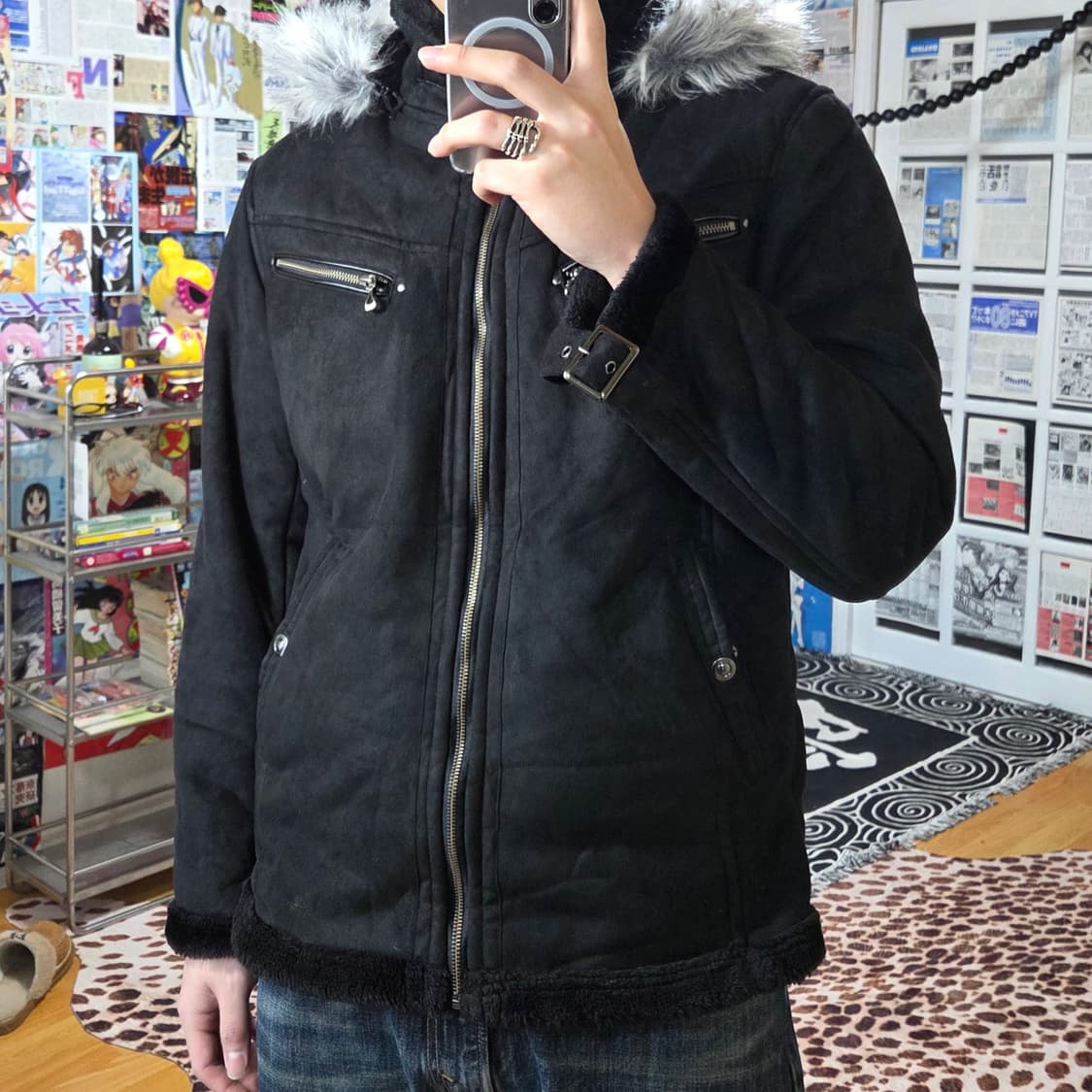 JPN 넥버클 퍼 후드 울프조 무스탕 자켓 상품이미지1