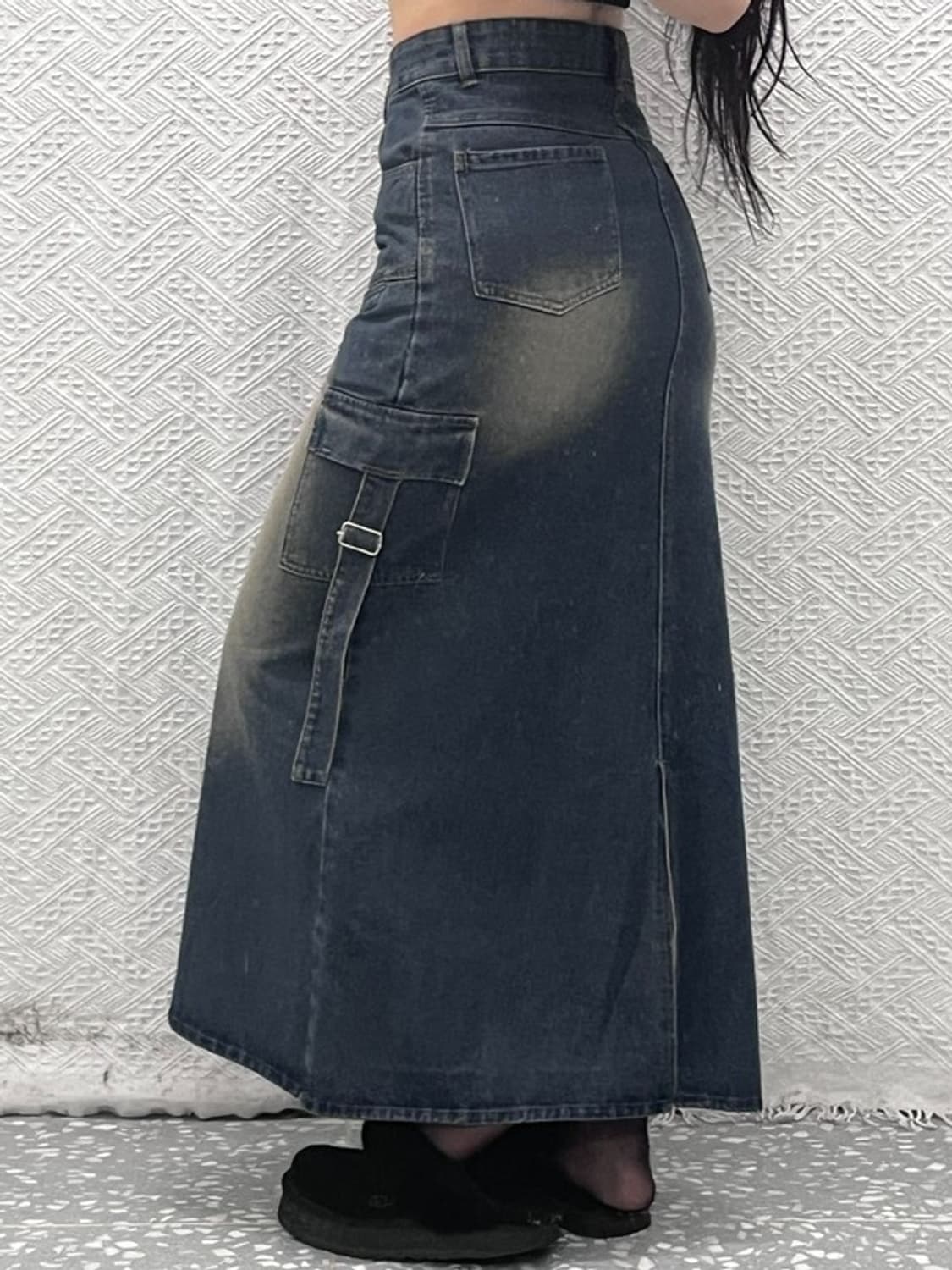 빈티지 올드스쿨 스트릿 힙합 워싱 카고 데님 롱스커트 M C10287 상품이미지2