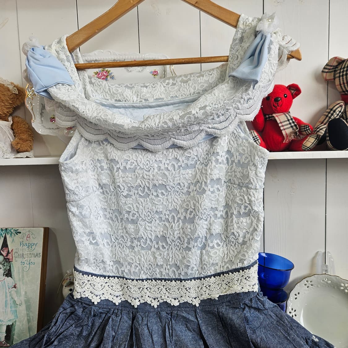 리즈리사오프숄더  레이스 데님 배색 원피스 상품이미지2