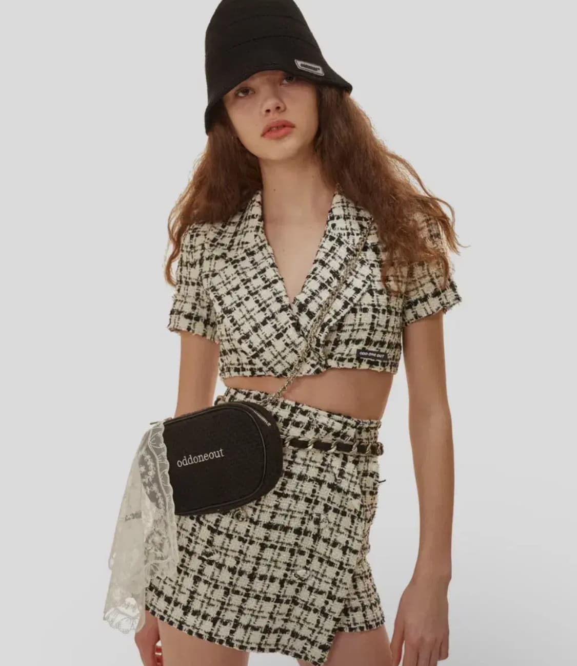 [새상품] 오드원아웃 트위드 투톤 셋업 크롭 자켓&치마 바지 상품이미지1