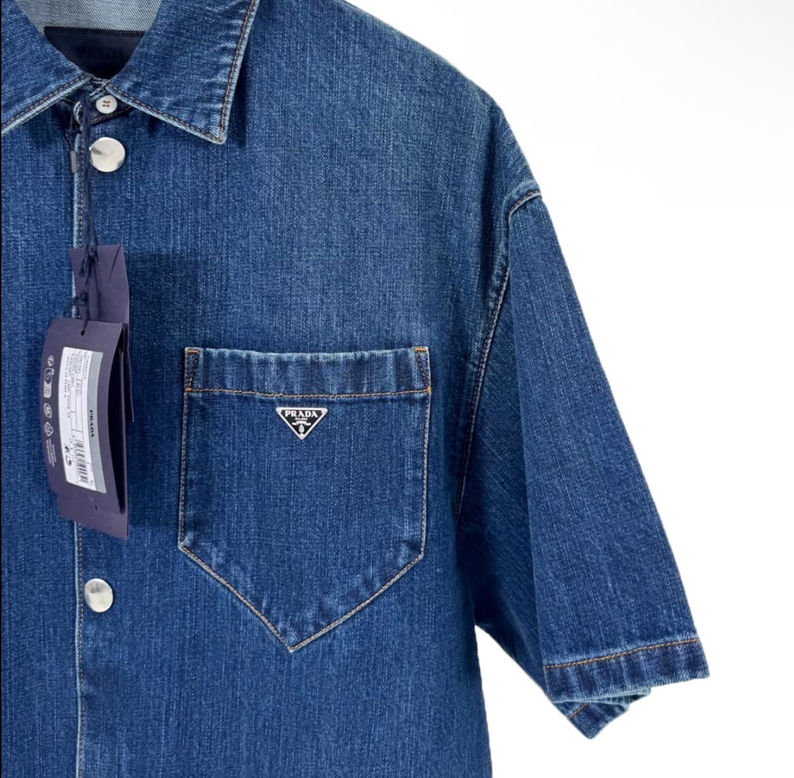 [XL] 프라다 남성 삼각로고 청 데님 반팔 셔츠 자켓 블루 GEC067 상품이미지3