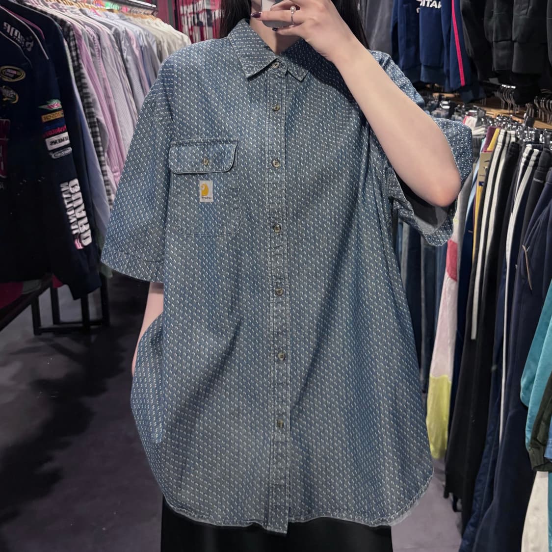 [IM] Carhartt 칼하트 데님 도트 패턴 반팔 셔츠 상품이미지1