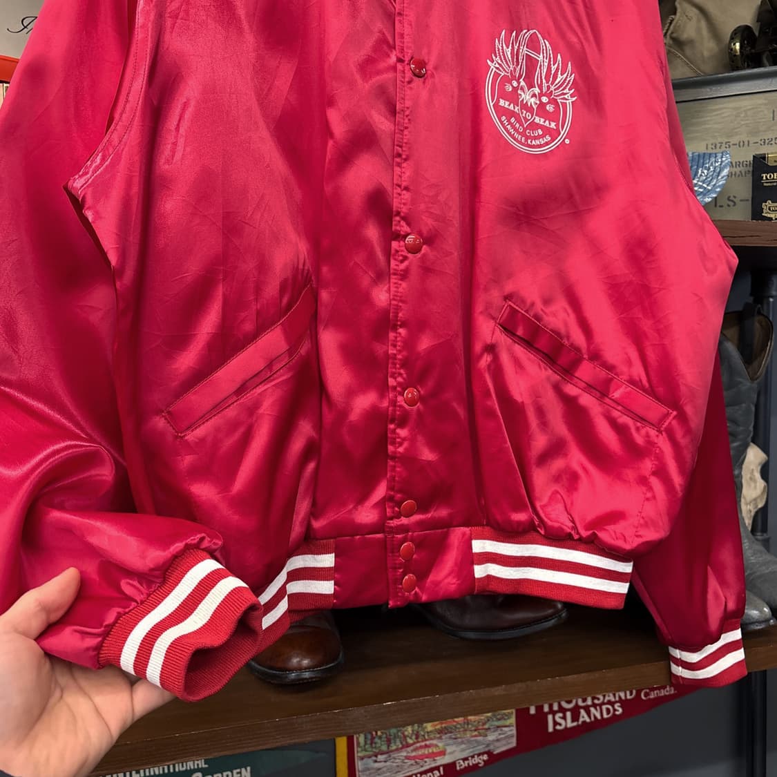 90s 빈티지 버드클럽 사틴 바시티 자켓 빅프린팅 딥레드 N777 상품이미지4