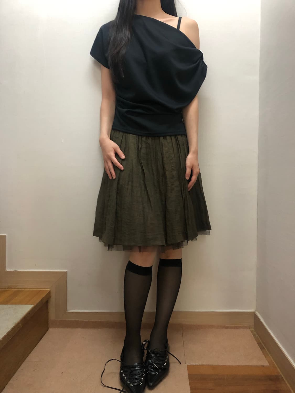 빈티지 카키 레이스 미디 스커트 상품이미지3