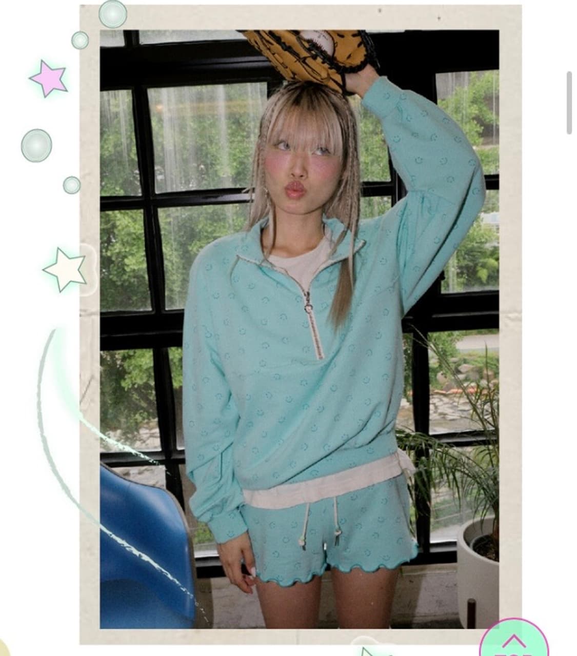 민지에나 스마일 민트 하프 집업 여름용 스웻셔츠 셋업 상의 상품이미지1