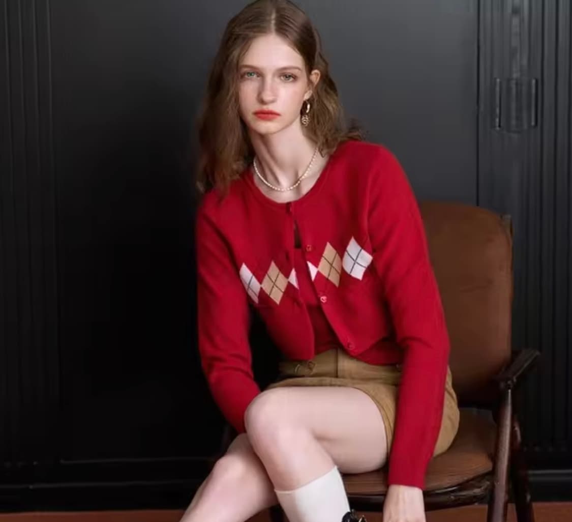 다이아몬드 패턴 레드 나시 가디건 세트 상품이미지1