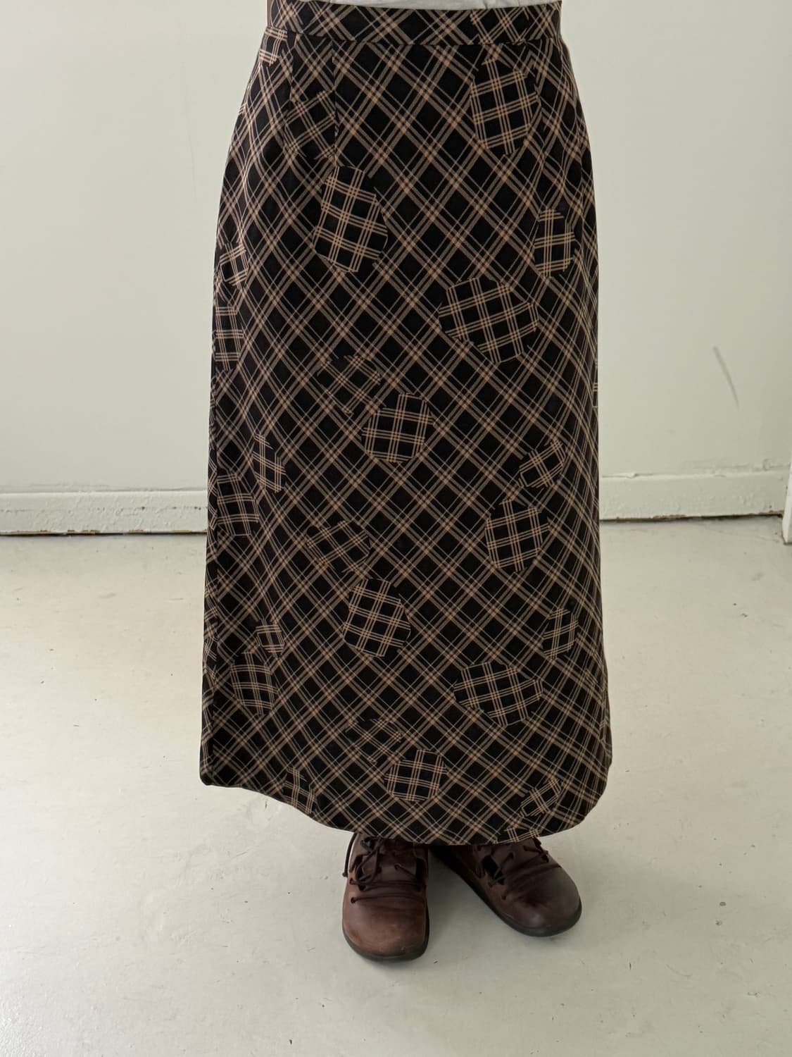 일본빈티지 패치워크 브라운체크 롱스커트 상품이미지1