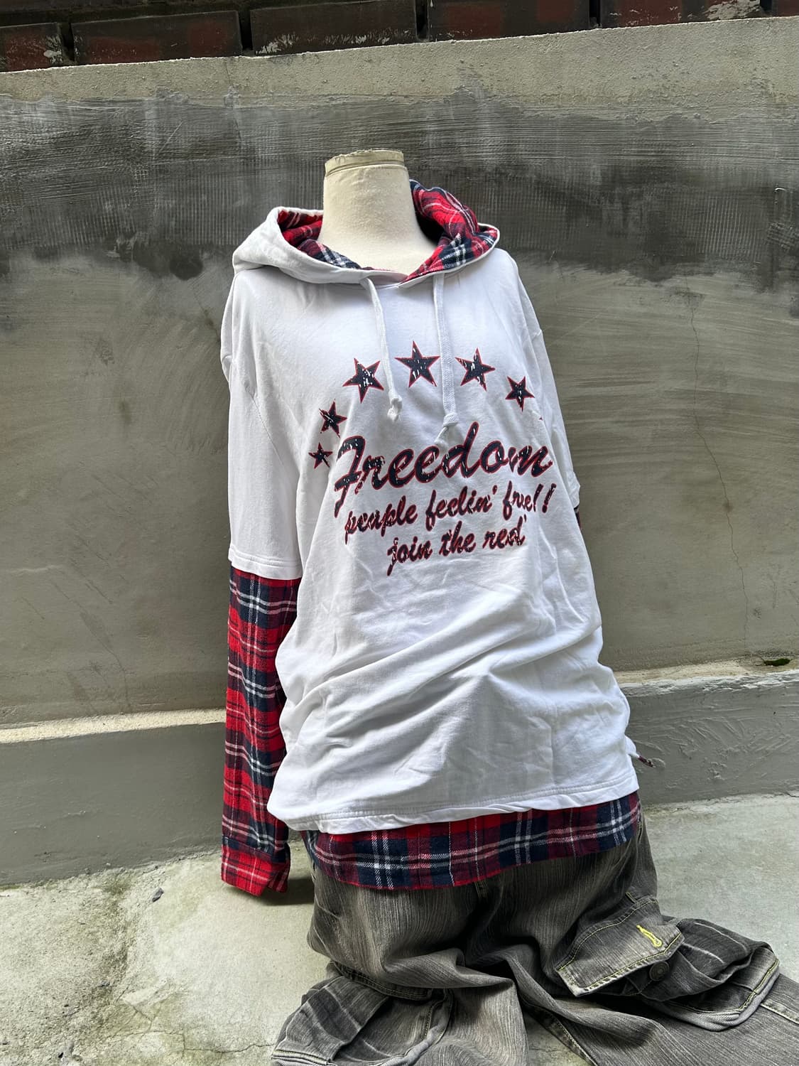 00s VTG 체크 레이어드 스타 프린팅 후드티 상품이미지1