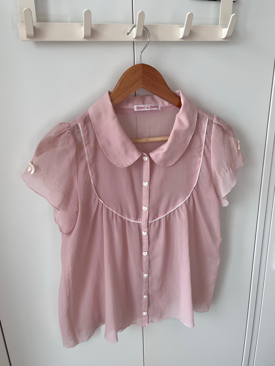 Vintage 하트 리본 연분홍 로걀 반팔 블라우스 상품이미지6