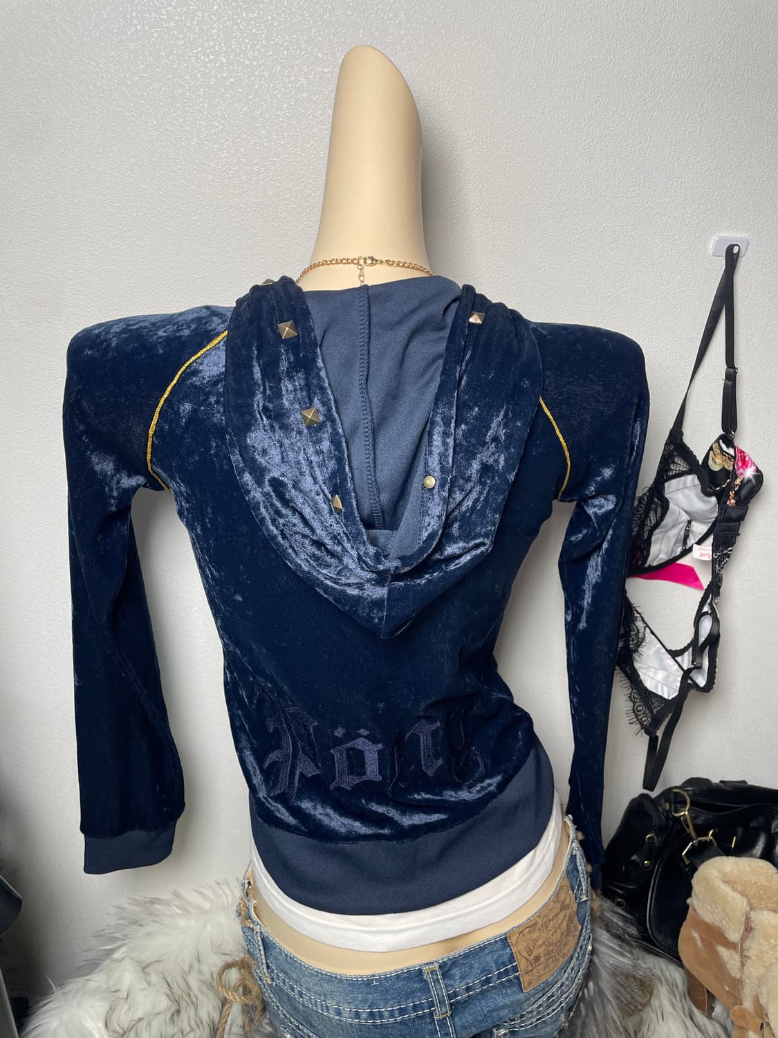 빈티지 PONY 스터드 네이비 벨벳 후드집업 상품이미지2