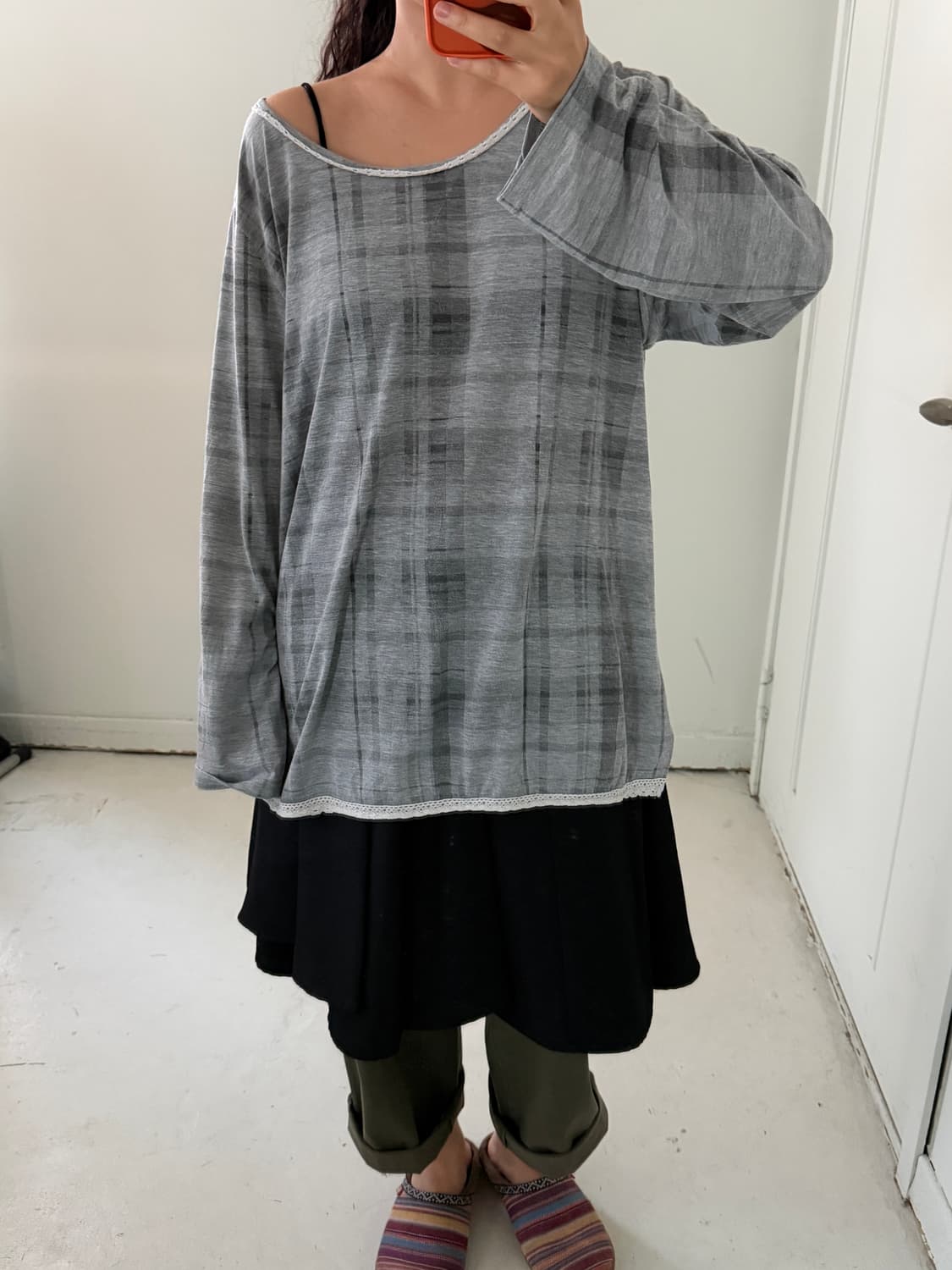 일본빈티지 그레이 체크 레이스 롱슬리브 상품이미지3