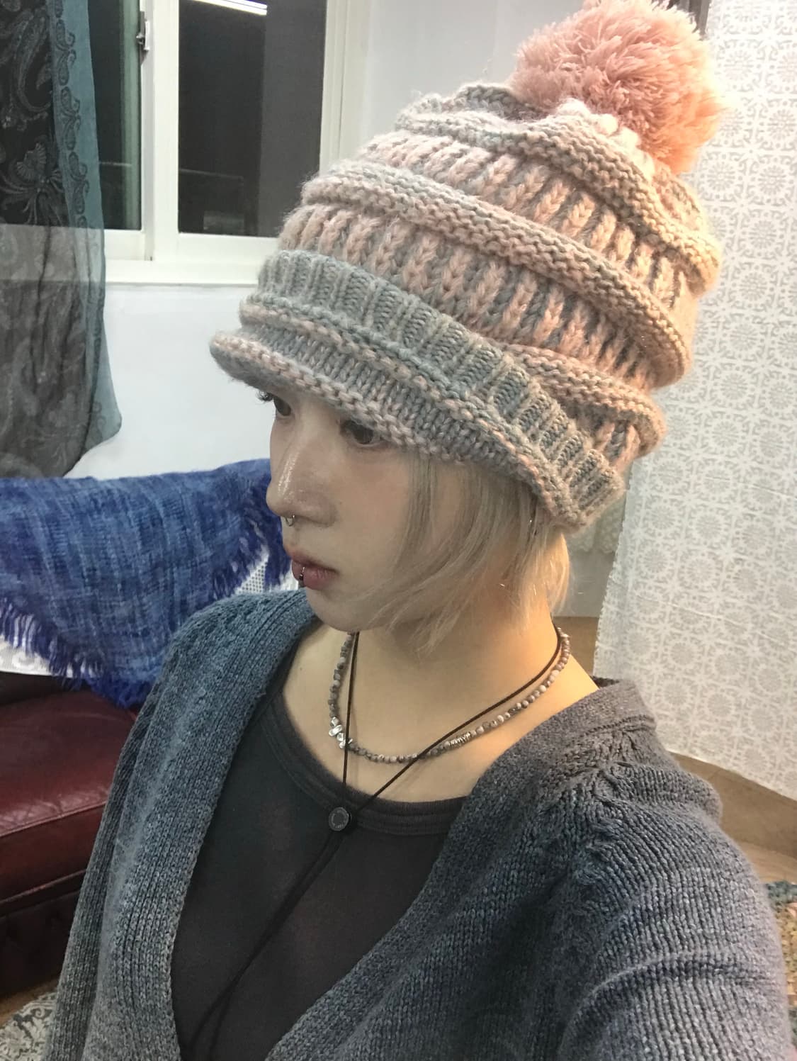 빈티지 핑크 방울 니트모자  상품이미지2