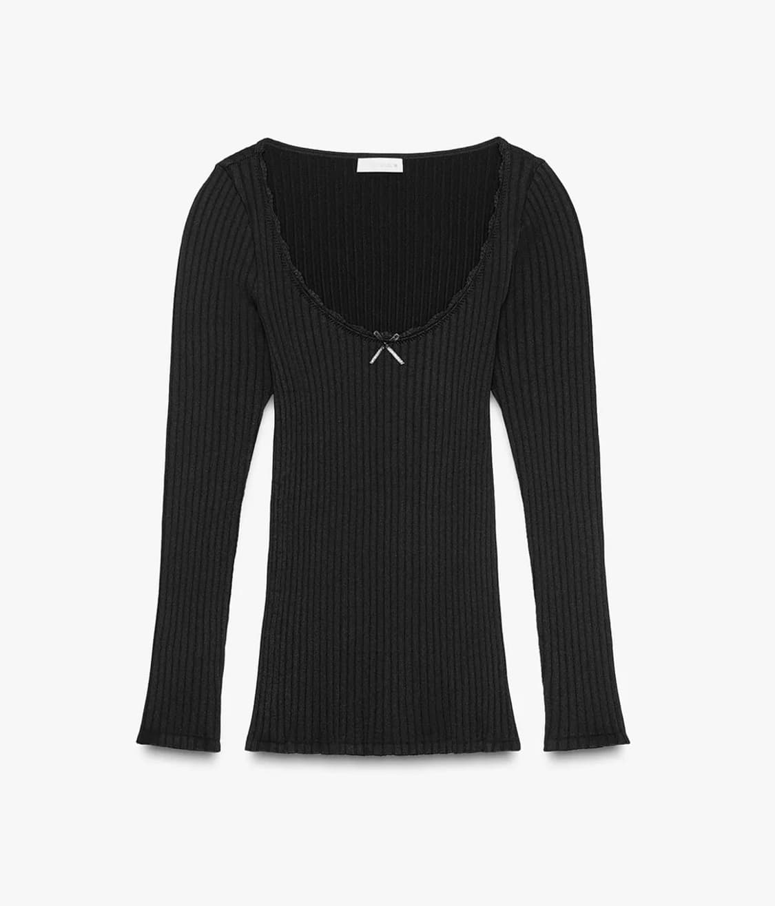 ZARA 자라 슬림핏 브이넥 리본 골지 긴팔 탑 블랙 상품이미지5