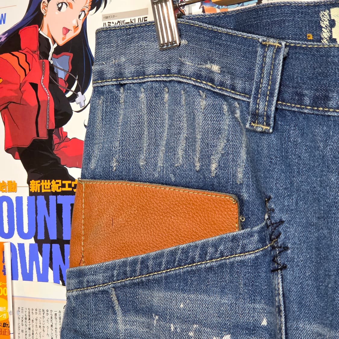 스플래터 워싱 가죽 포인트 데미지 데님 팬츠 상품이미지3