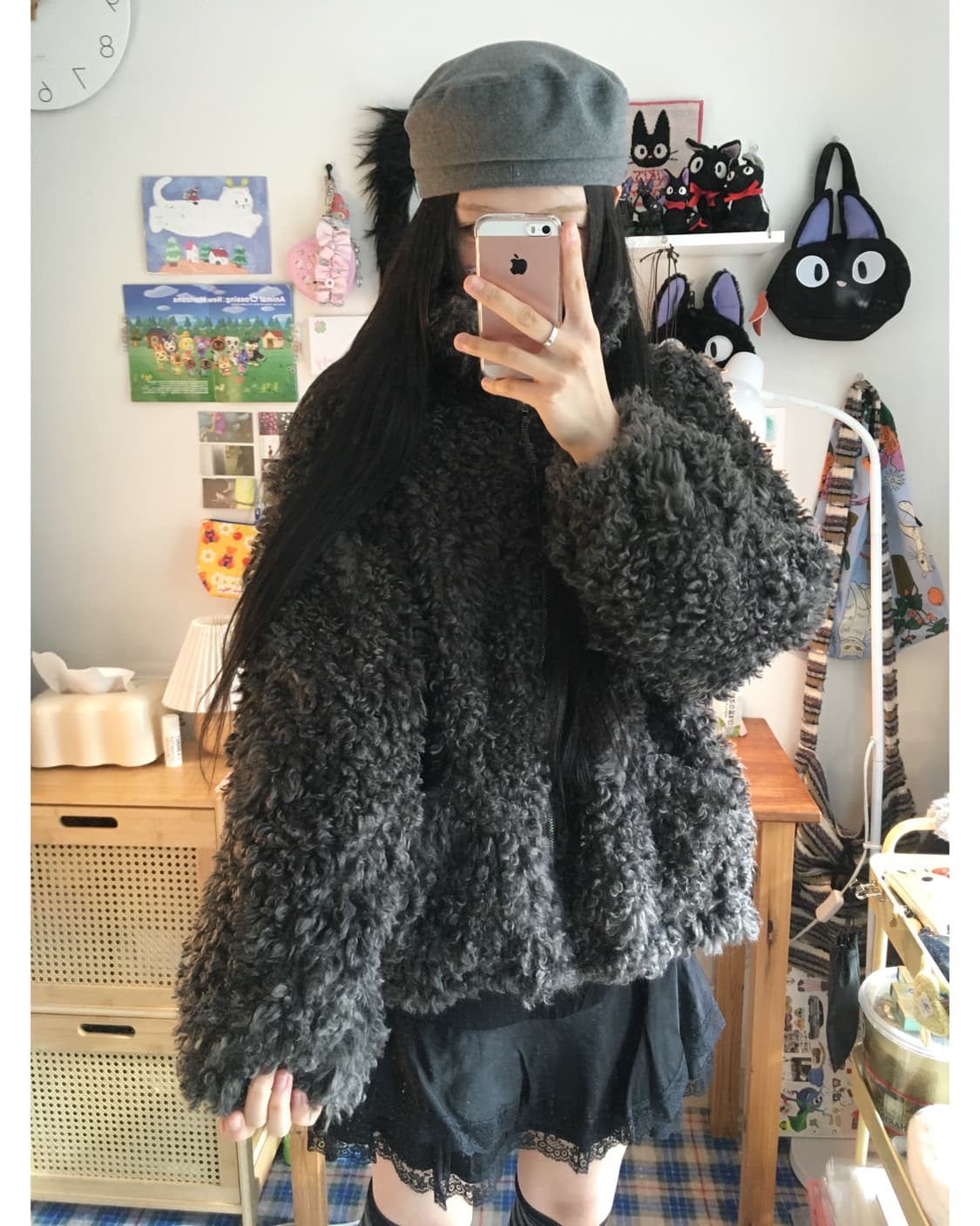 vintage curly fur zip-up jacket charcoal 상품이미지1