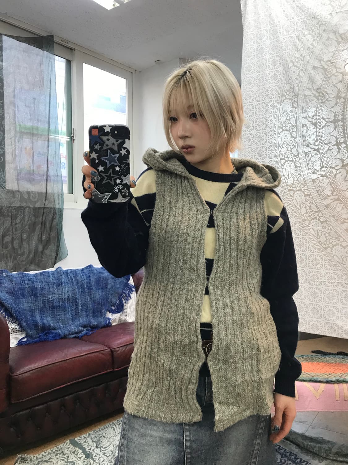 BNX 빈티지 여성 니트 후드 베스트 자켓  상품이미지2