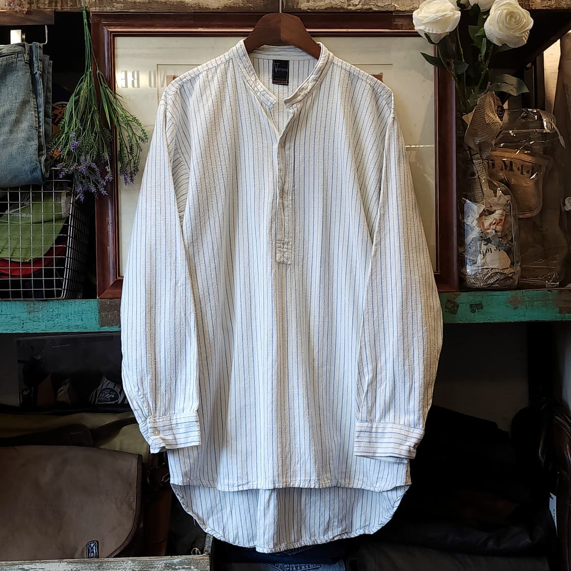 60s 프랑스 워크셔츠 가드너 빈티지 셔츠 스트라이프 화이트 롱 셔츠 L 상품이미지1