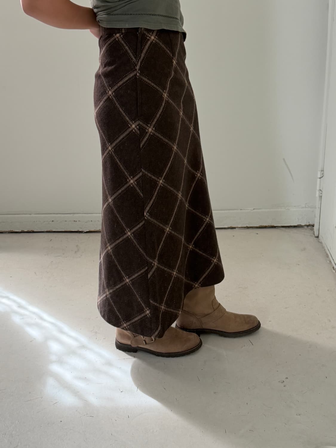 일본빈티지 브라운 체크 롱스커트 상품이미지2