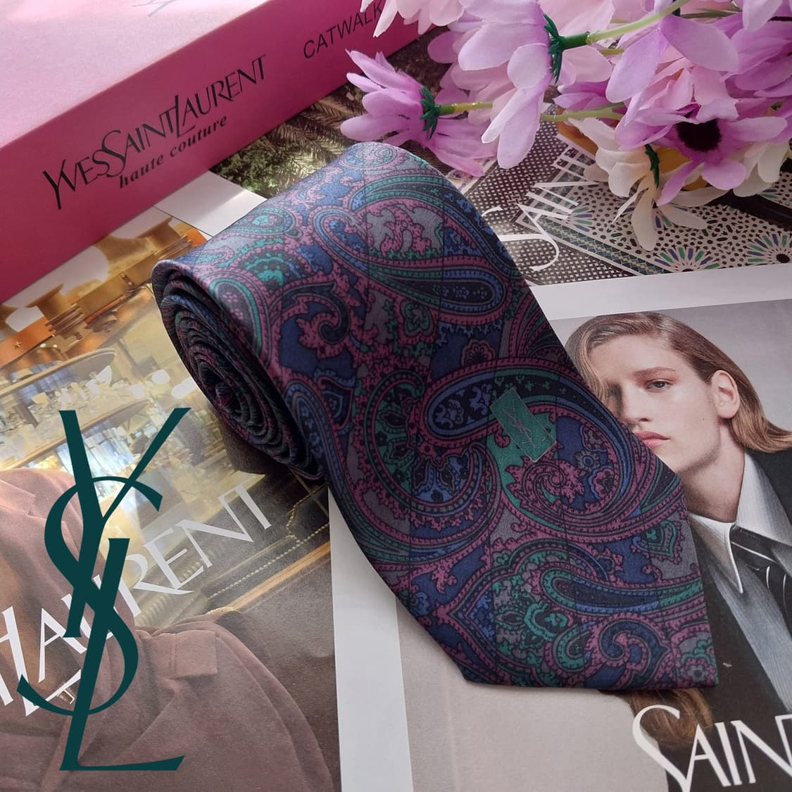 입생로랑 네이비 & 퍼플 페이즐리 넥타이 7.8cm A등급 K2595
 상품이미지1